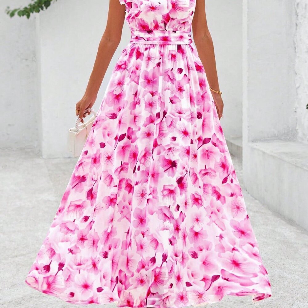 White Pink Casual Women's Floral One Shoulder Sleeveless Smocked Ruffle Dress - Picture 3 of 5